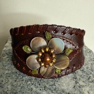 Green and Brown Leather Cuff Bracelet with Floral Centerpiece